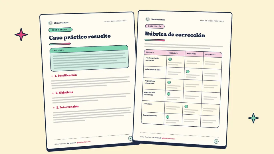 Páginas del Pack de casos prácticos: un caso resuelto y la rúbrica